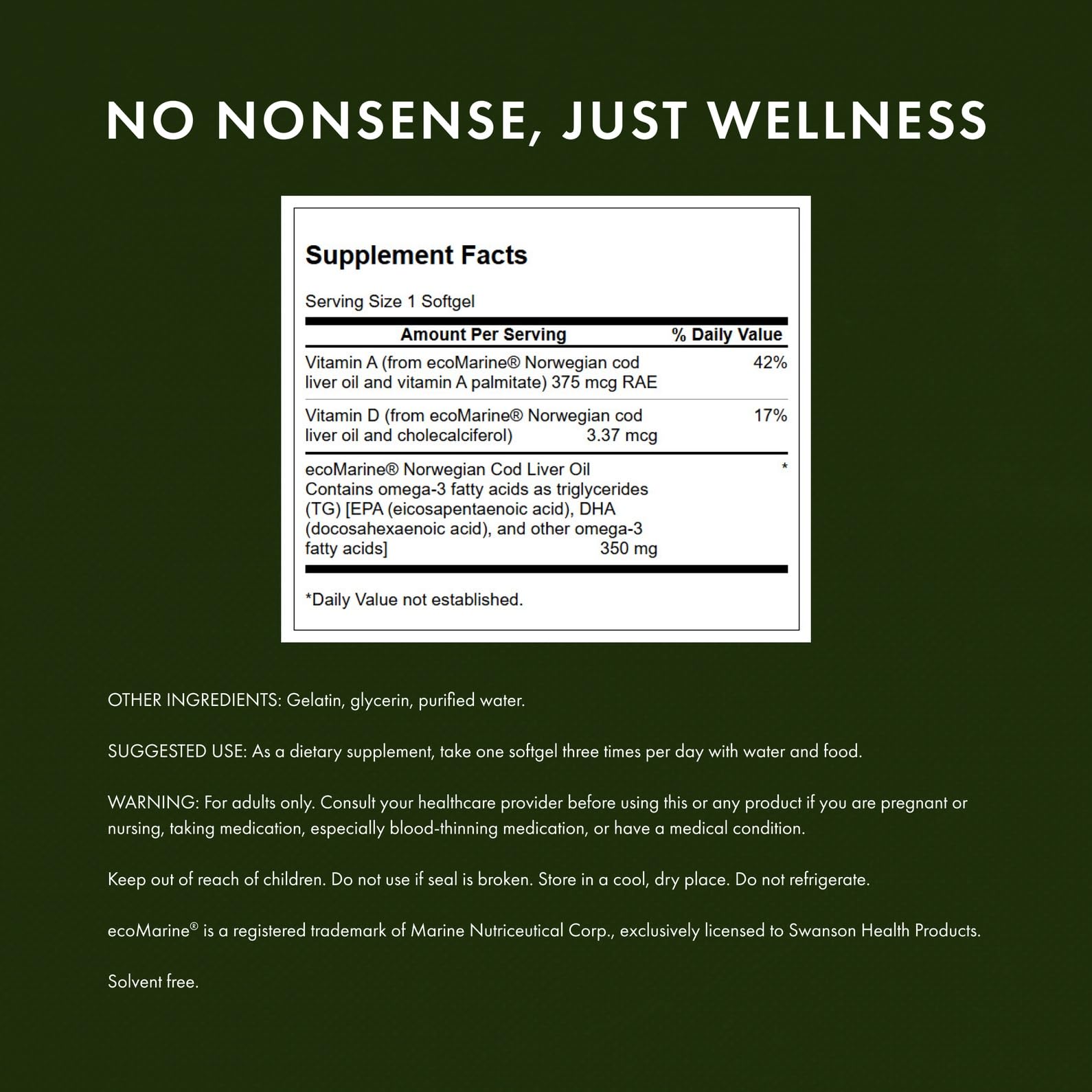Cod liver oil ingredient label for Swanson supplement