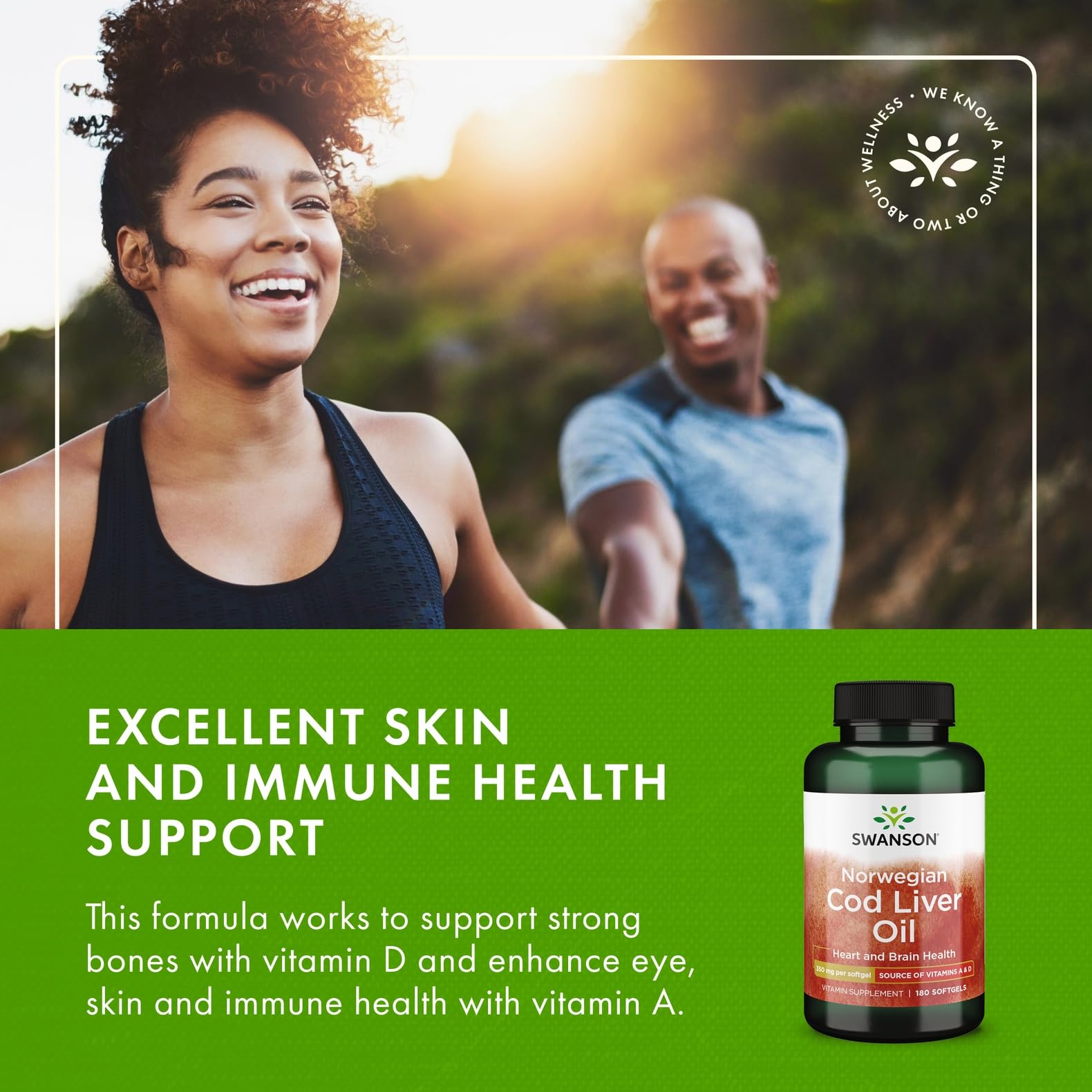 Graphic illustrating bone, skin, vision, and immune support from cod liver oil