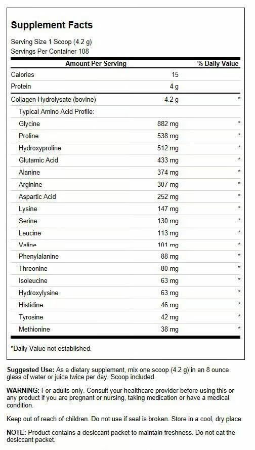 Back label showing nutrition and ingredients on Swanson Collagen Hydrolysate Powder 1lb 2-pack