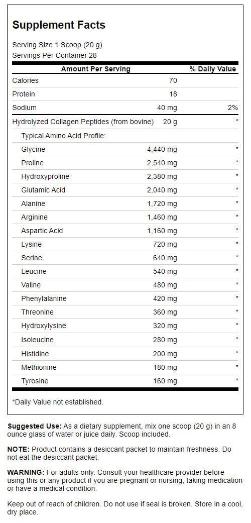 Swanson Collagen Peptides Unflavored 19.75 oz Powder packaging nutrition label
