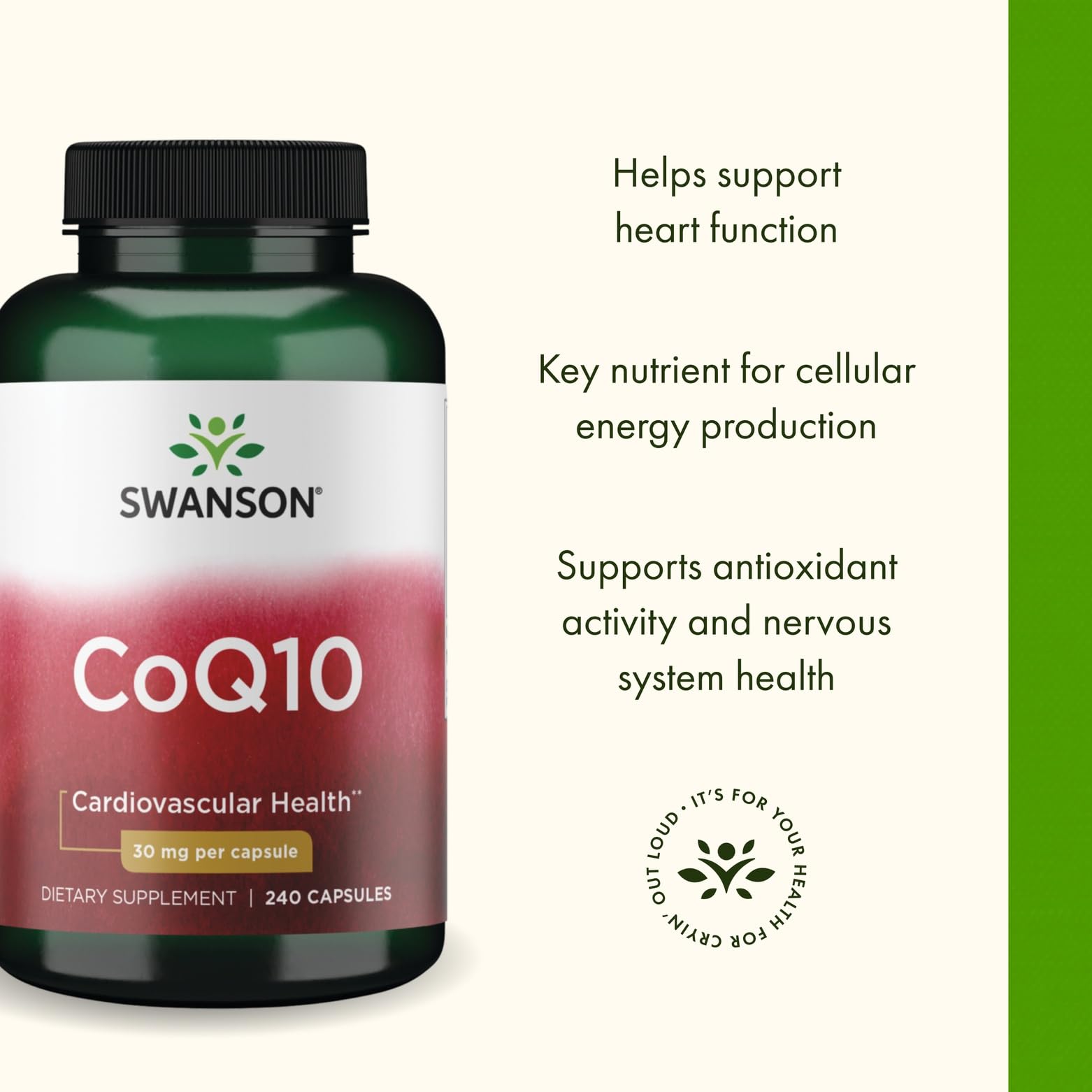 CoQ10 capsules inside Swanson bottle