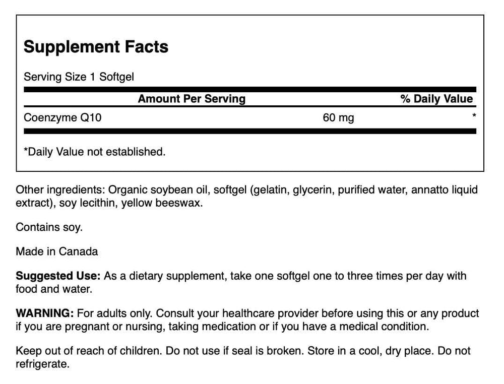 Swanson CoQ10 60 mg softgels bottle – nutrition label and back