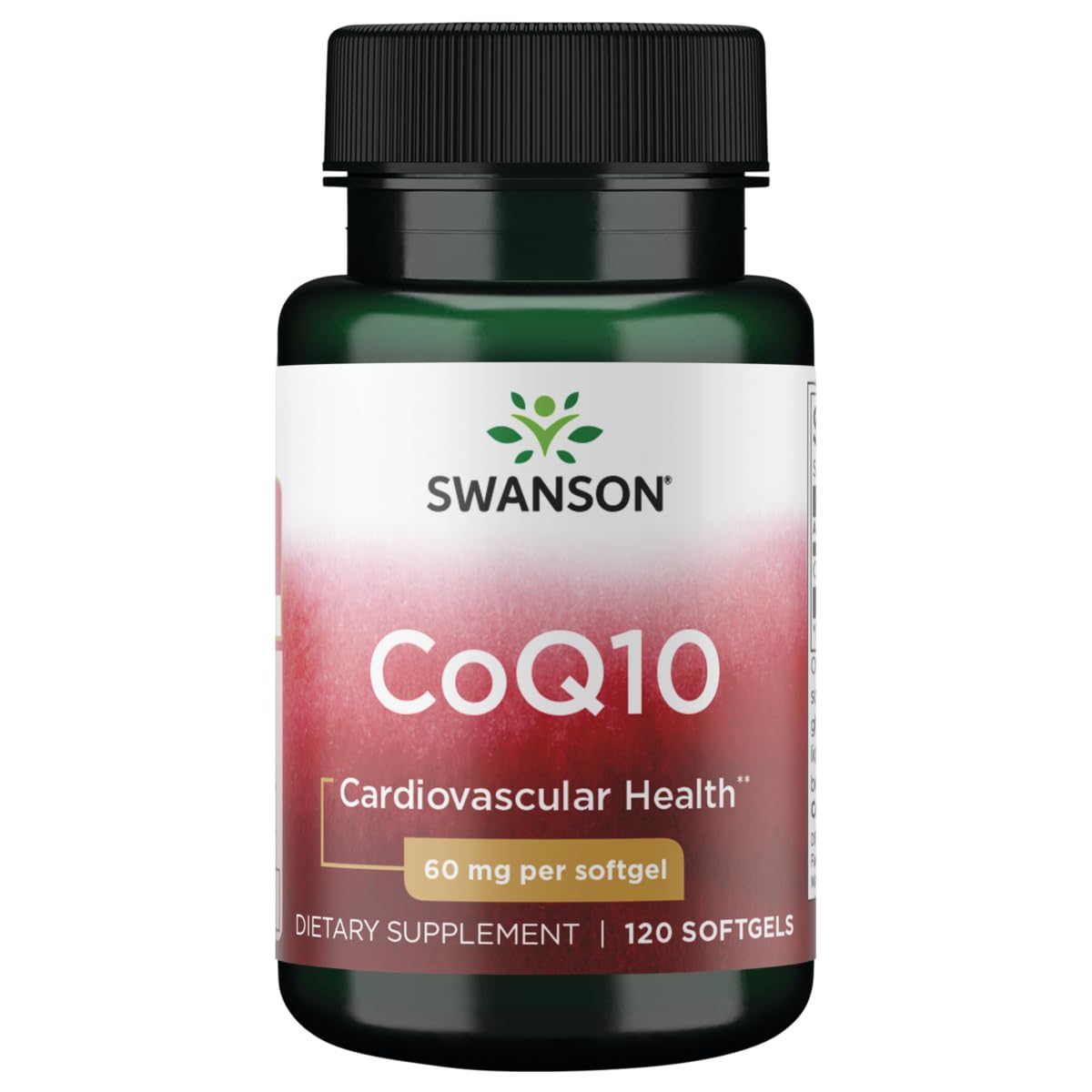 Swanson CoQ10 softgels bottle highlighting energy support and heart health potential.