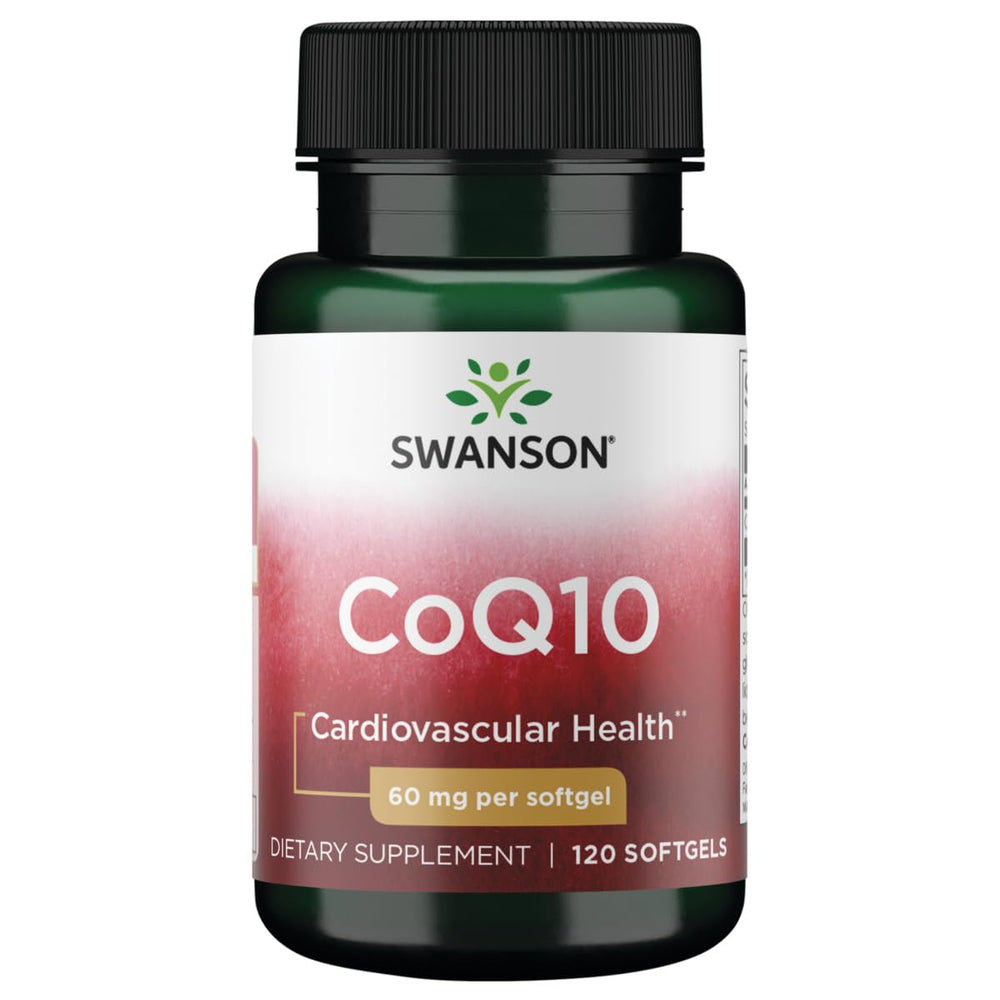Swanson CoQ10 softgels bottle highlighting energy support and heart health potential.