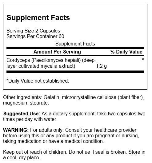 Swanson Cordyceps supplement bottle label showing 600 mg per capsule