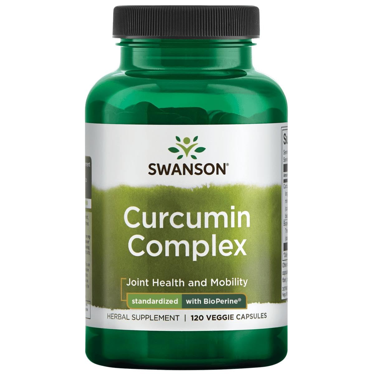 Front view of Swanson Curcumin Complex bottle with 120 vegetarian capsules