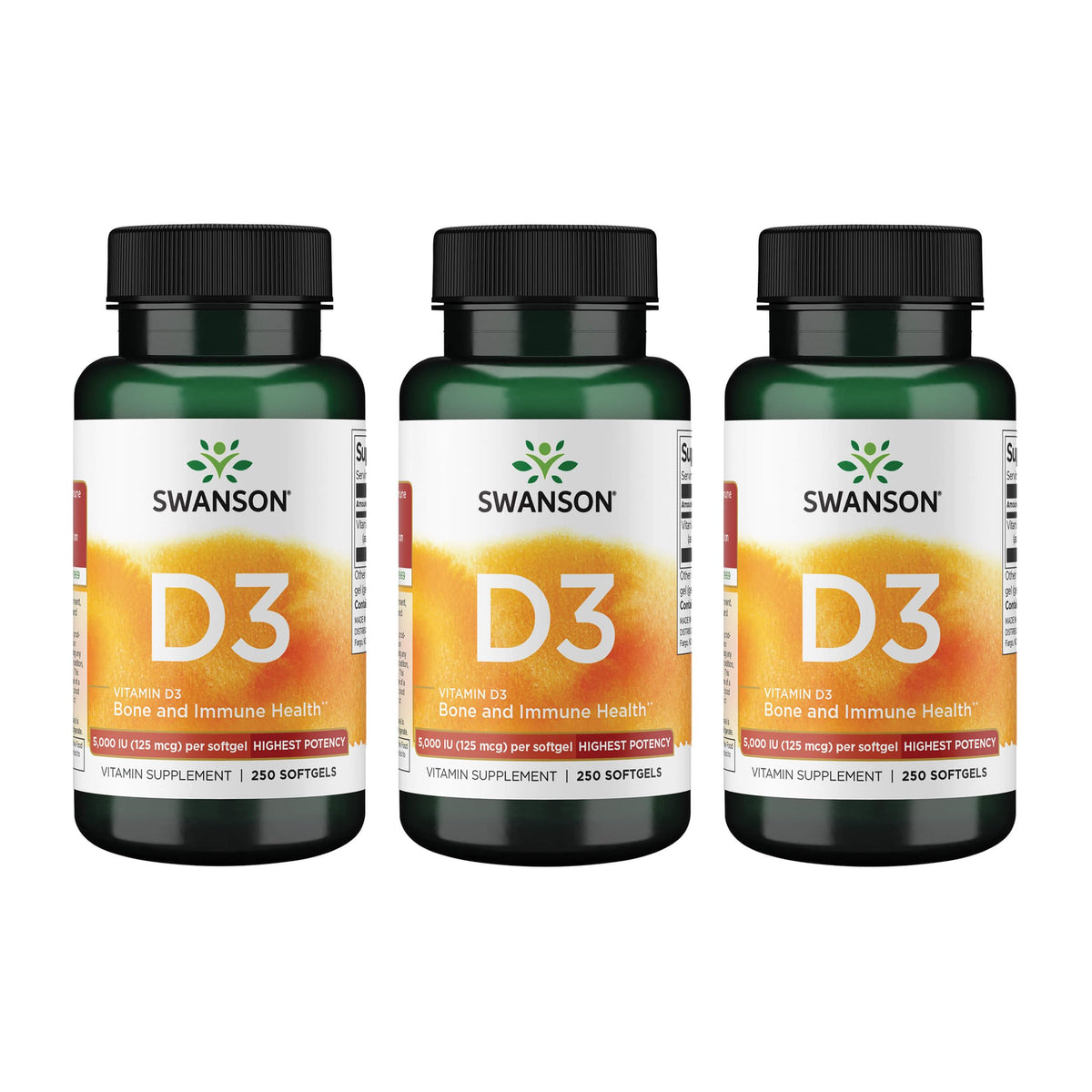 Swanson D3 3-pack hero image with 250 softgels