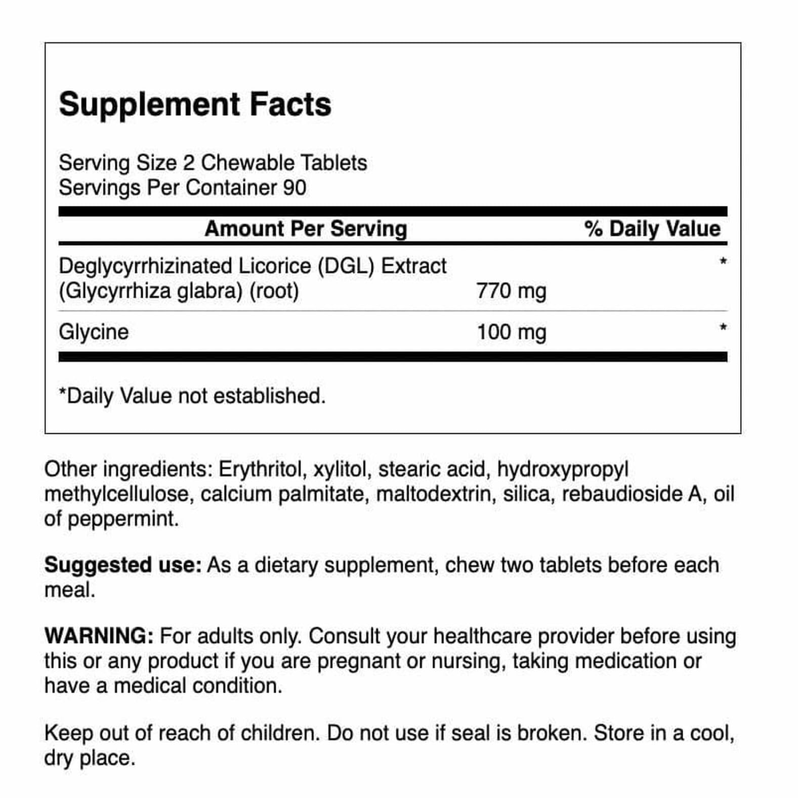 Front view of Swanson DGL Licorice chewables packaging