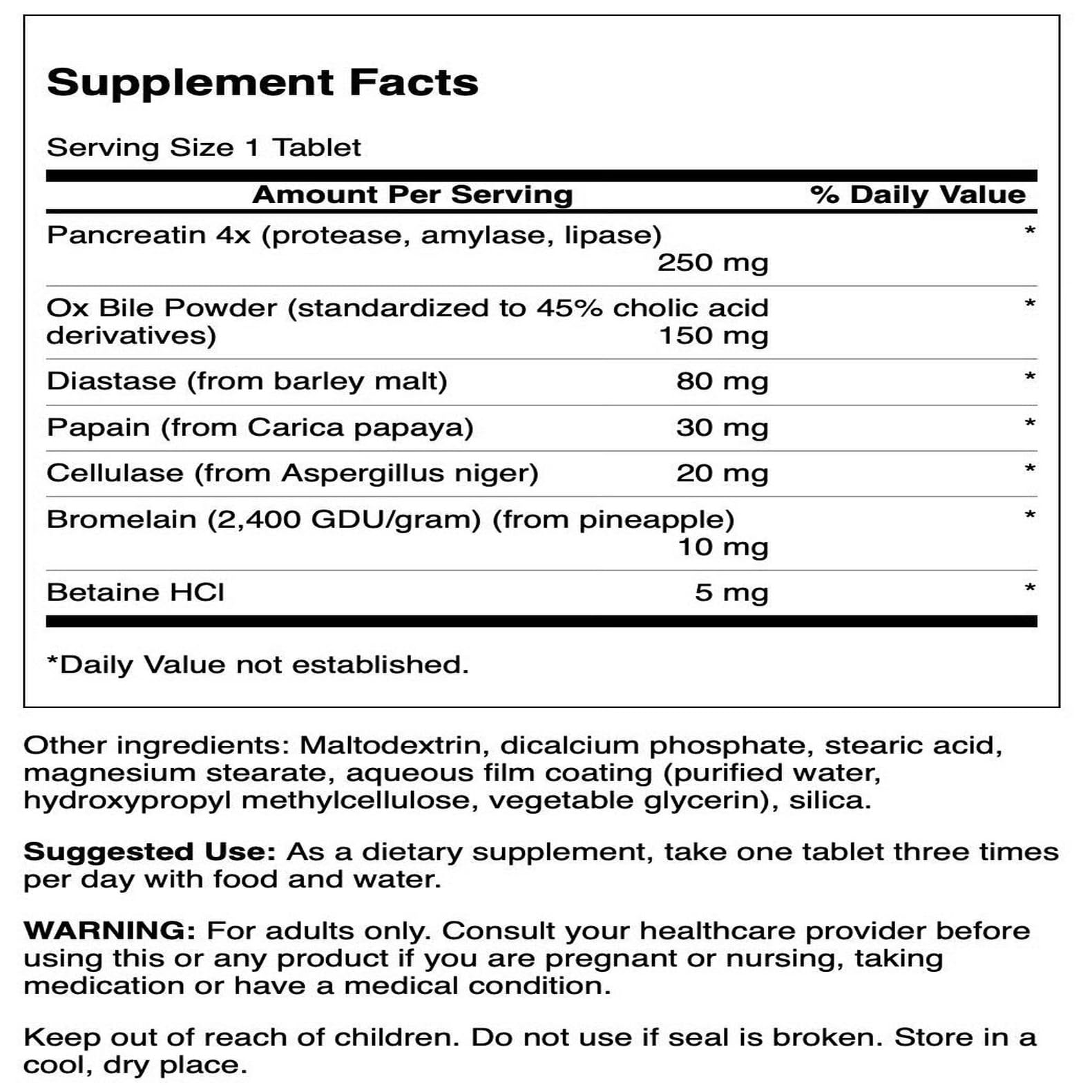 Close-up of Swanson Digestive Enzymes 180 Tabs label