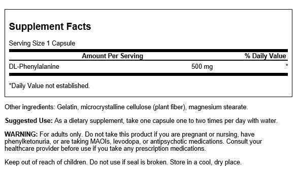 Swanson Amino Acid Dl-Phenylalanine 500 mg bottle - label close-up