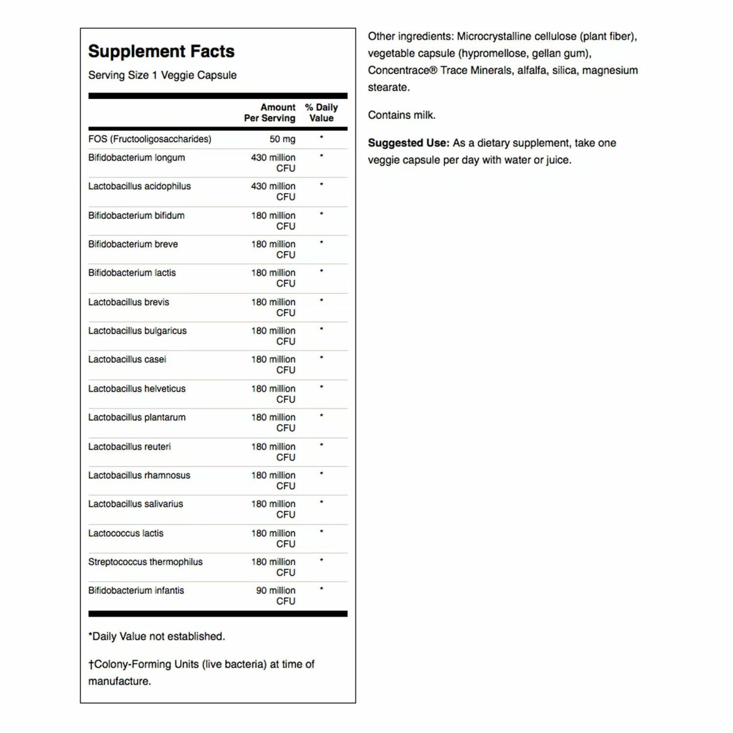 Close-up of Swanson probiotic bottle label