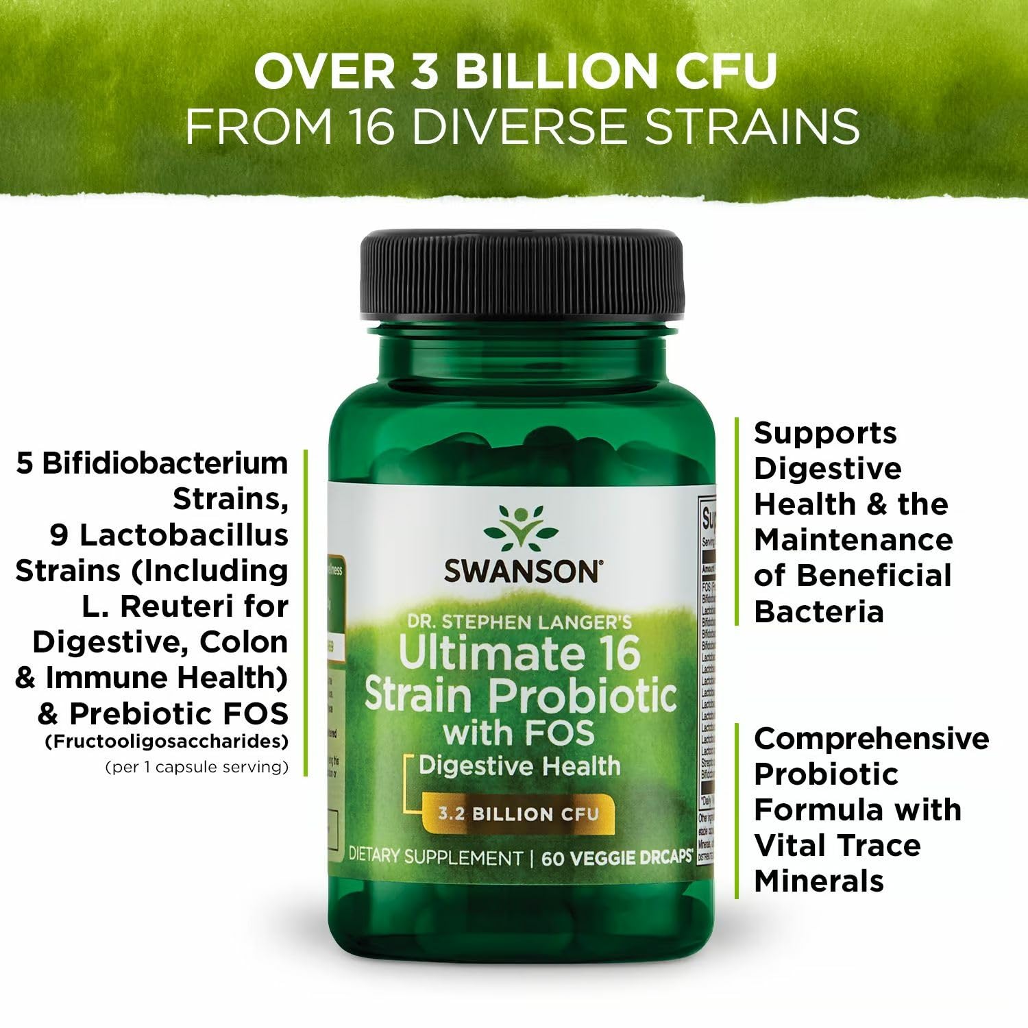 Graphic illustrating 16 probiotic strains with prebiotic FOS