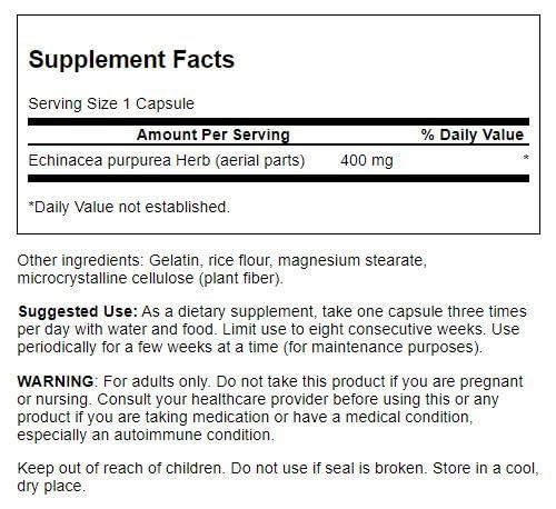 Close-up of Swanson Echinacea 400 mg bottle label