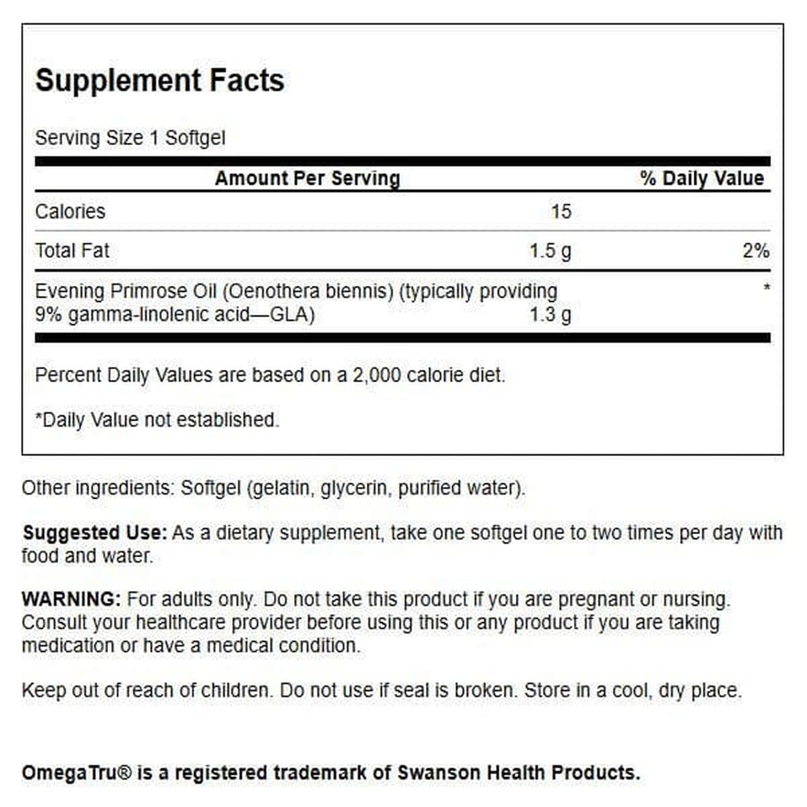 Swanson Evening Primrose Oil Omegatru 1300 mg bottle – label close-up