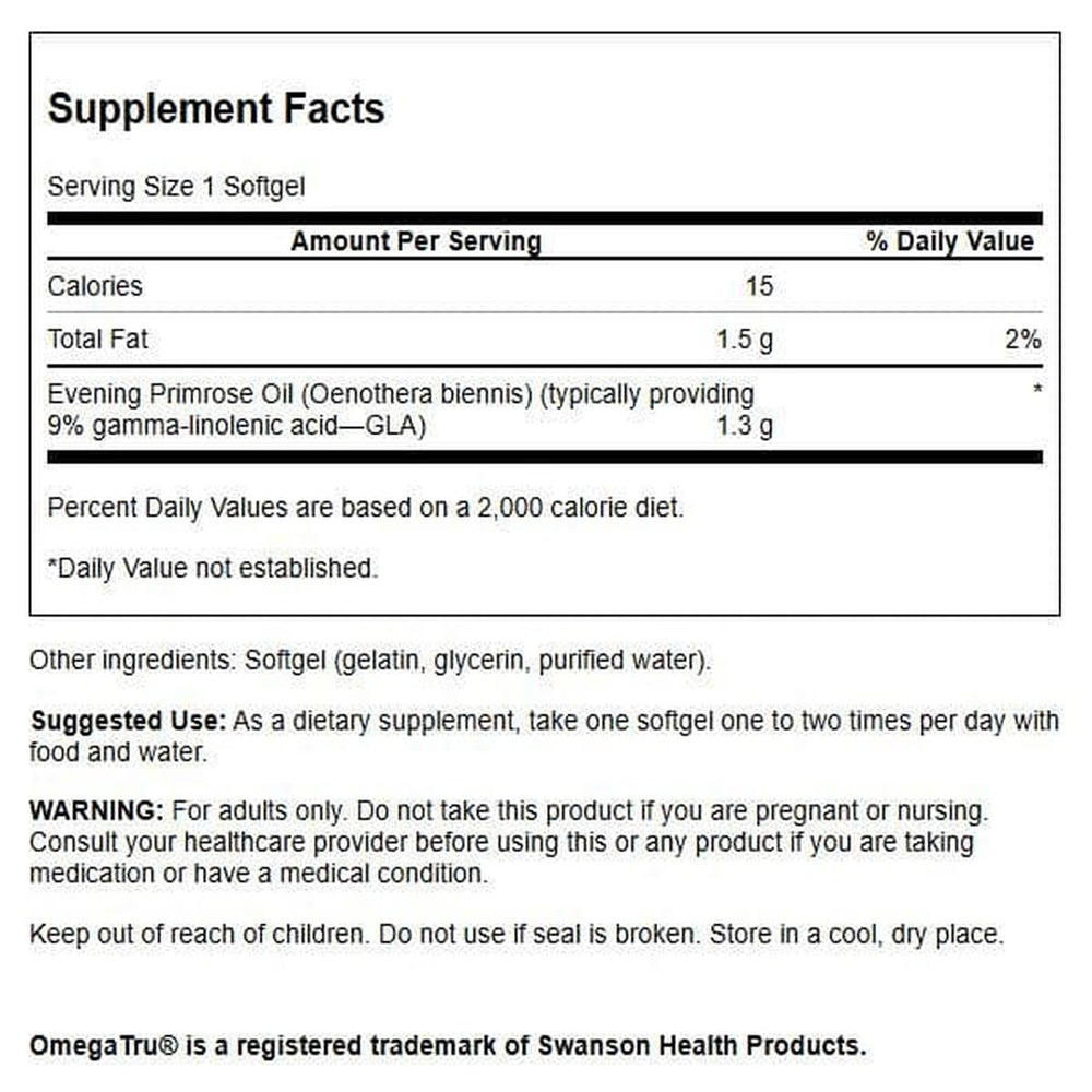 Swanson Evening Primrose Oil Omegatru 1300 mg bottle – label close-up