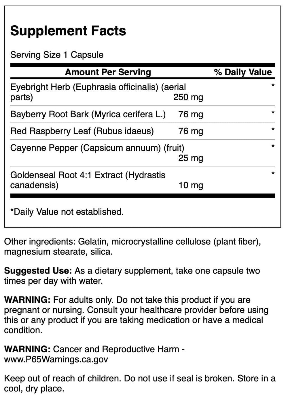 Back view of Swanson Eyebright Combination 100 Cap bottle showing supplement facts