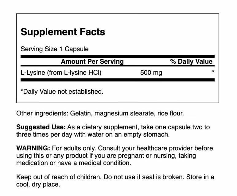 Close-up of Swanson L-Lysine 500 mg capsules