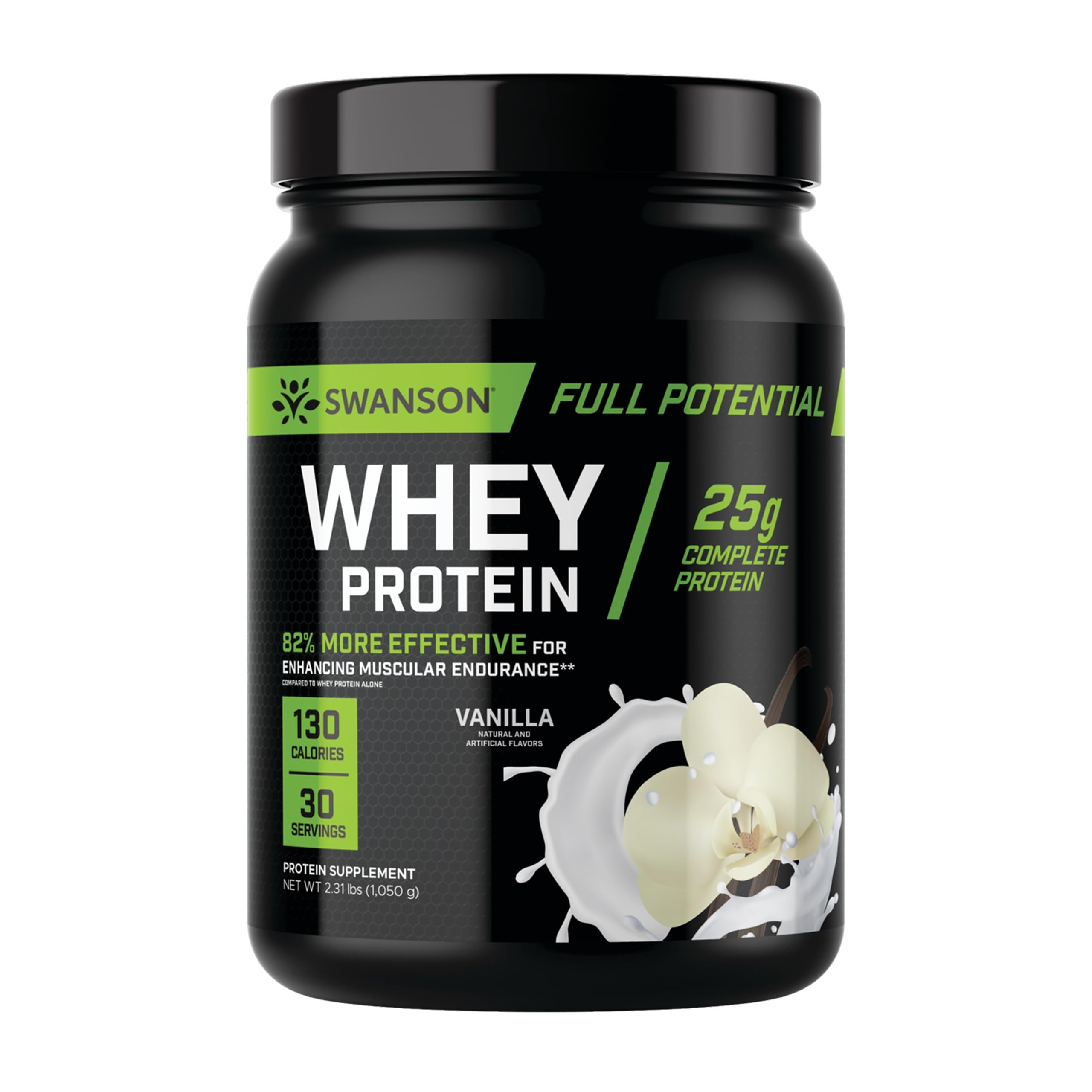 Swanson Full Potential Whey Protein Vanilla tub with scoop