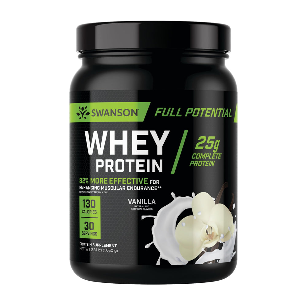 Swanson Full Potential Whey Protein Vanilla tub with scoop