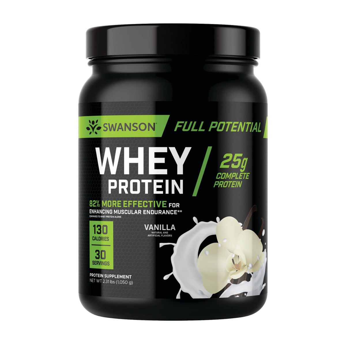 Swanson Full Potential Whey Protein Vanilla tub with scoop