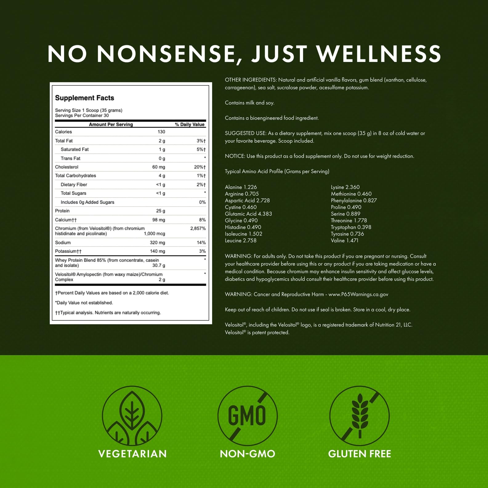Nutrition facts panel of Swanson Full Potential Whey Protein Vanilla