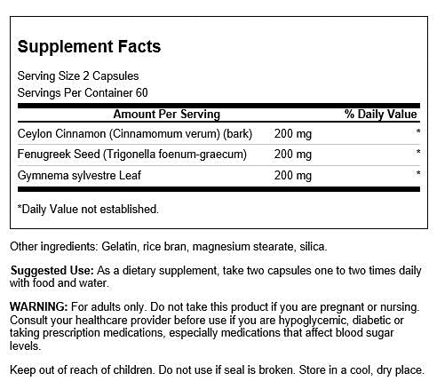 Close-up of Swanson bottle label highlighting cinnamon, fenugreek and gymnema