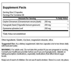Close-up of Swanson bottle label highlighting cinnamon, fenugreek and gymnema
