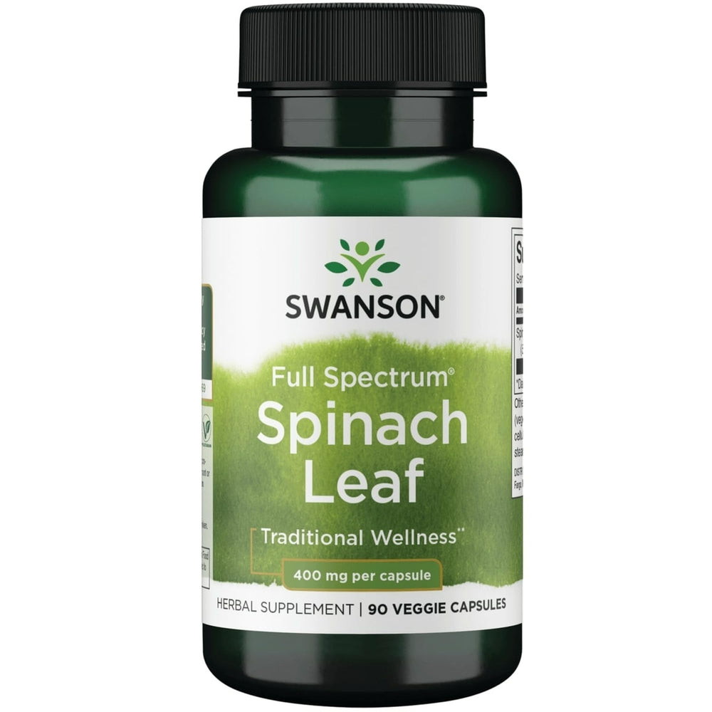 Bottle of Swanson Full Spectrum Spinach Leaf 400 mg 90 Veg Capsules