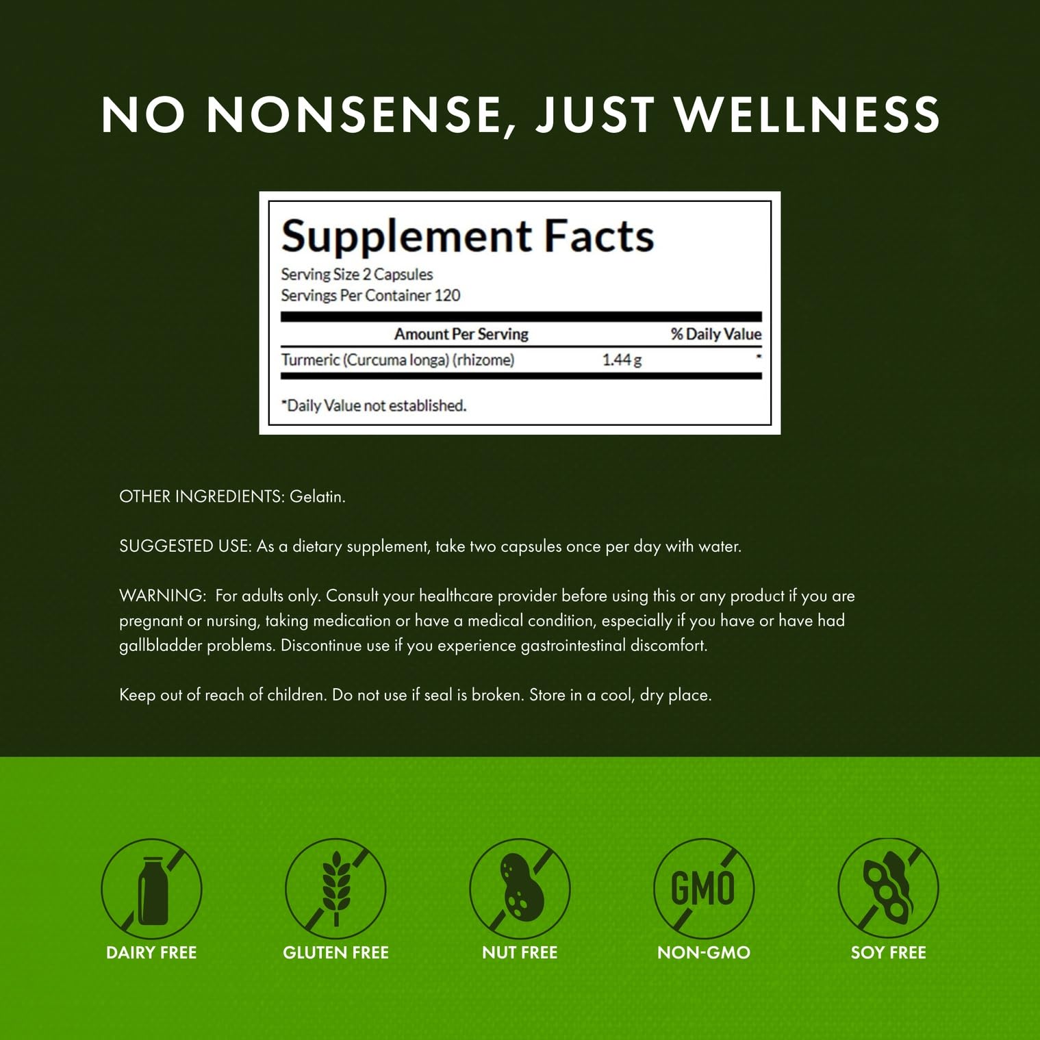 Back label with ingredients on Swanson Turmeric bottle