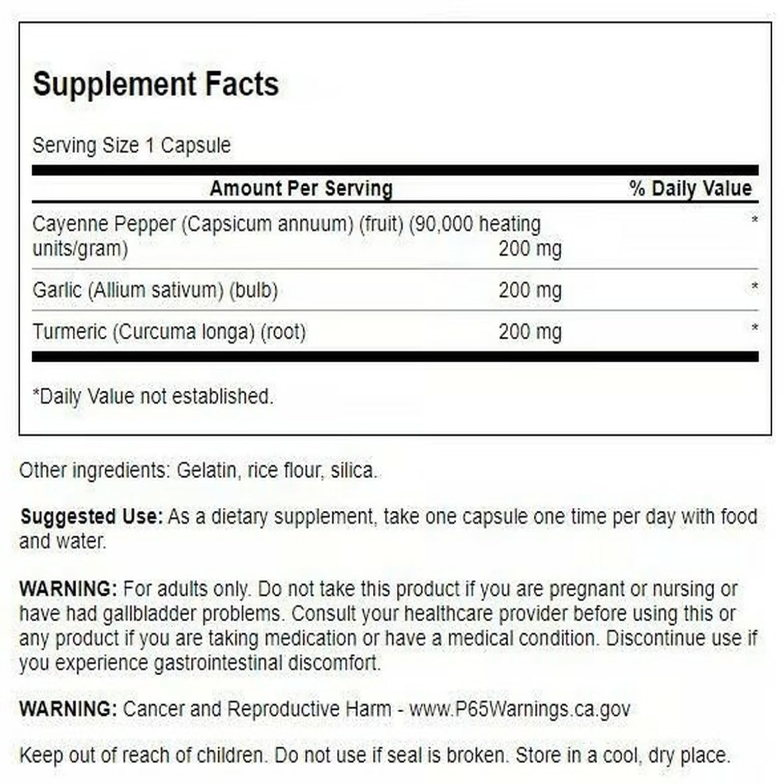 Three-pack display of Swanson turmeric garlic cayenne capsules