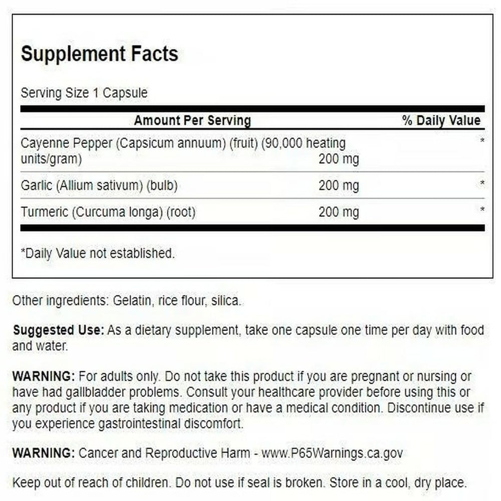 Three-pack display of Swanson turmeric garlic cayenne capsules