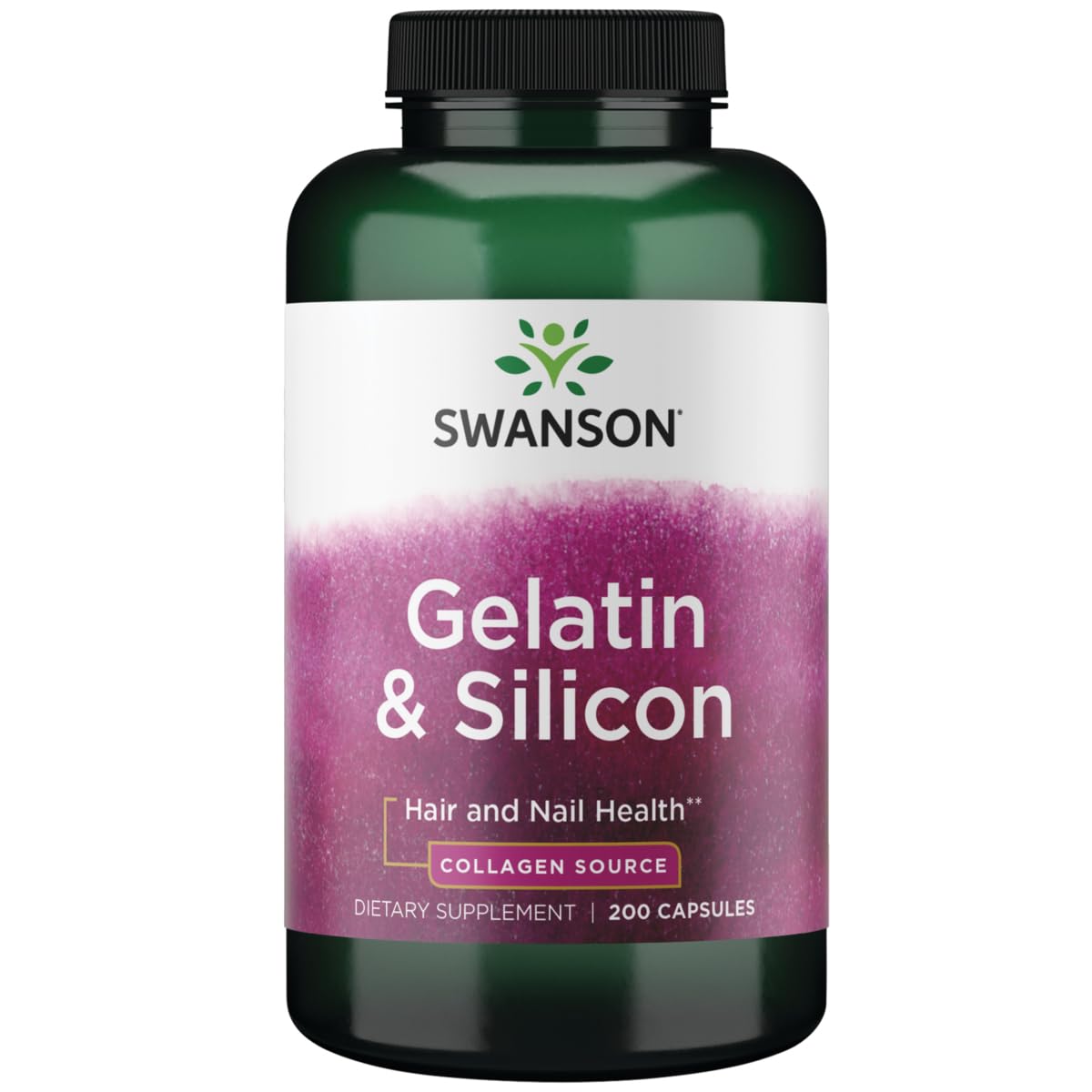 Bottle of Swanson Gelatin and Silicon capsules for hair and nails