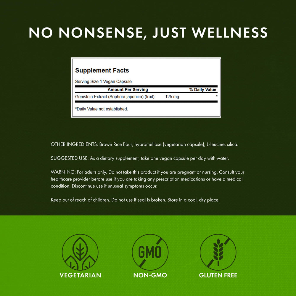 Close-up of Swanson Genistein label with 125 mg per capsule