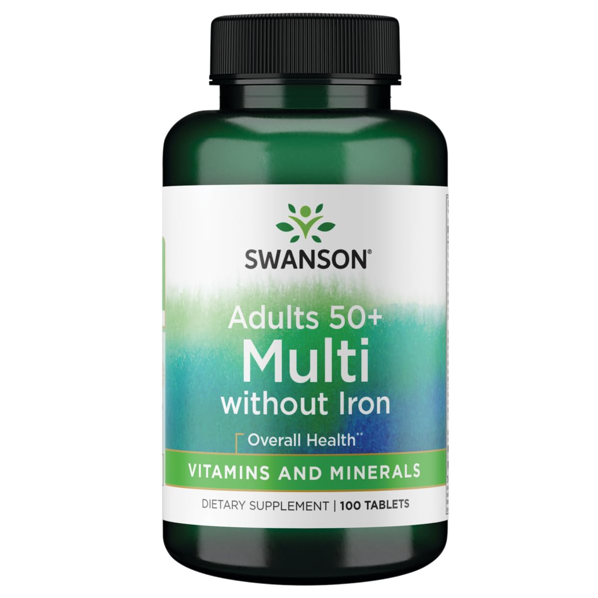 Bottle label of Swanson Geromulti Without Iron multivitamin 100 tabs