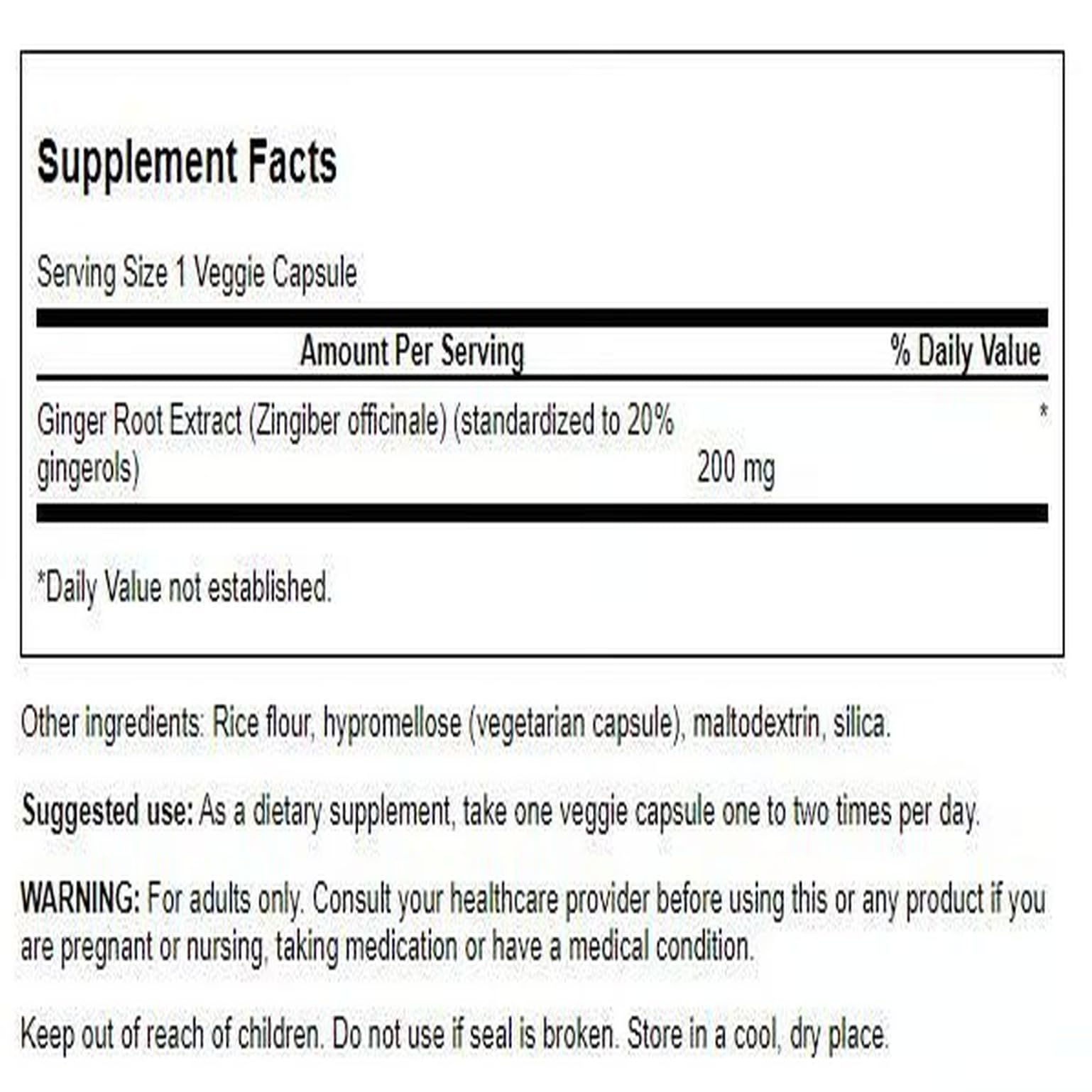 Product label for Swanson Ginger Root Extract 200 mg 60 Veg Capsules