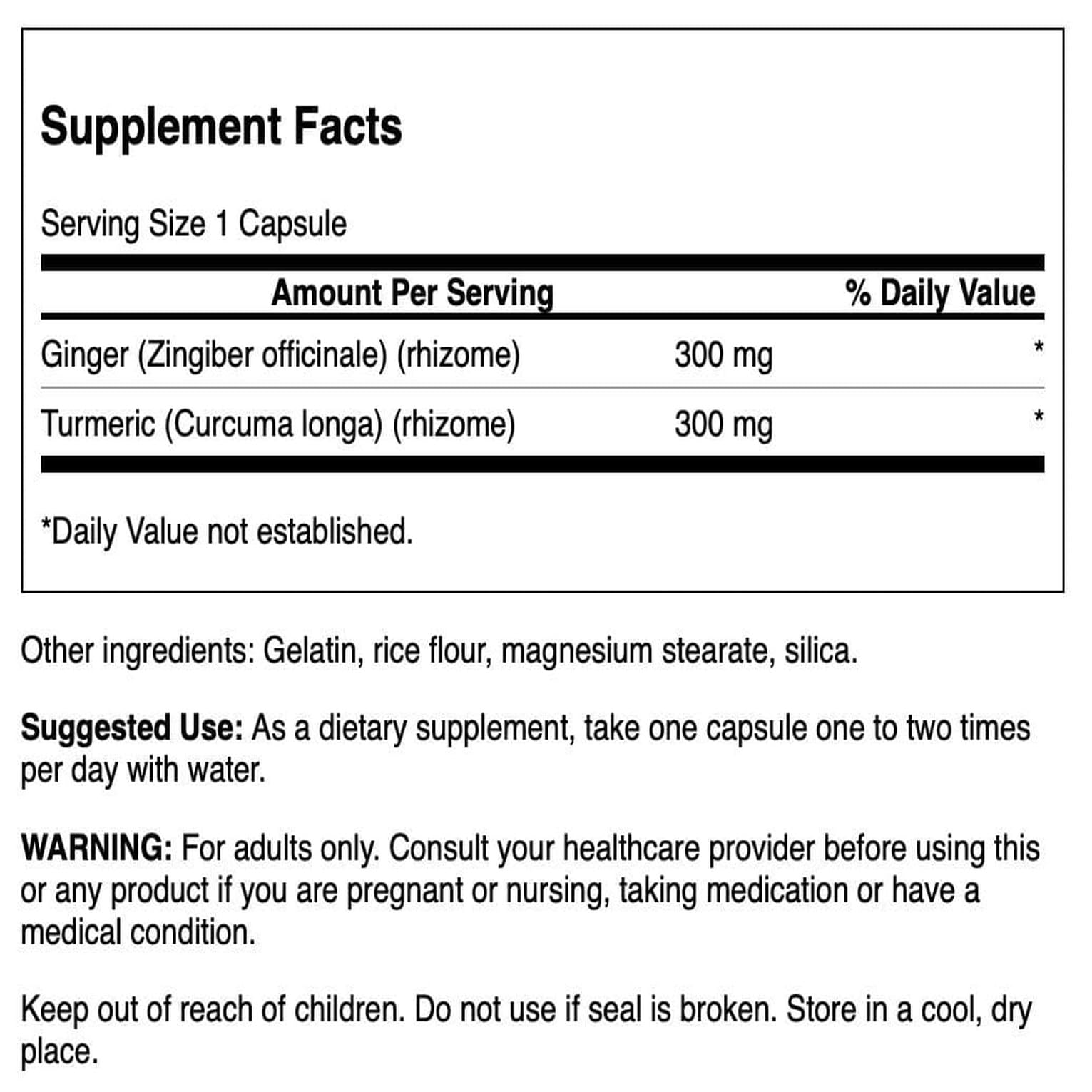 Bottle of Swanson Ginger & Turmeric 60 capsules on white background