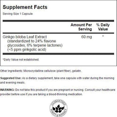 Label on Swanson Ginkgo Biloba Extract bottle showing 24% Ginkgo Biloba extract and 60 mg per capsule