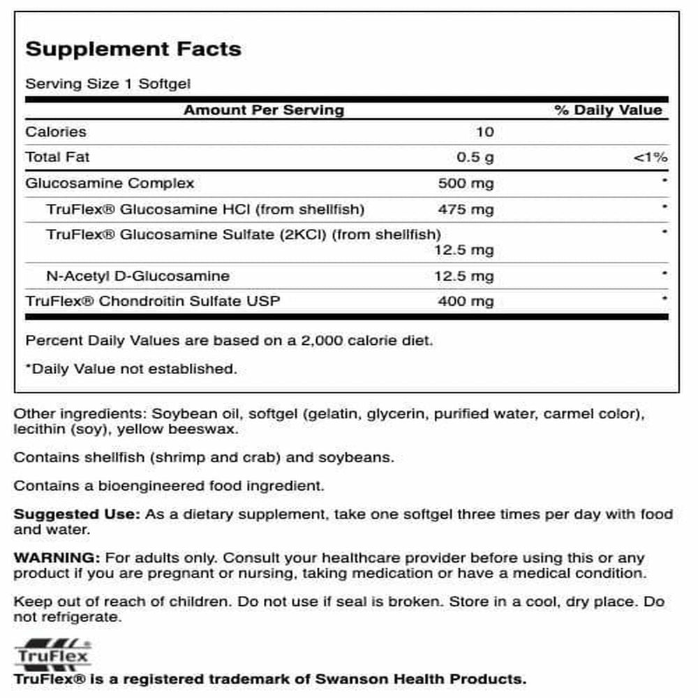 Close-up of Swanson glucosamine and chondroitin softgel capsules