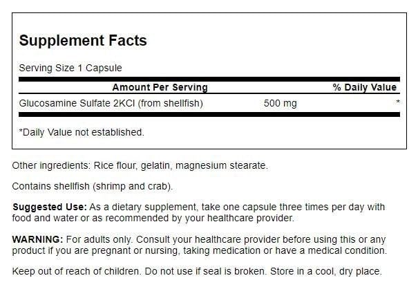 Close-up of Swanson Glucosamine Sulfate label showing 500 mg dosage