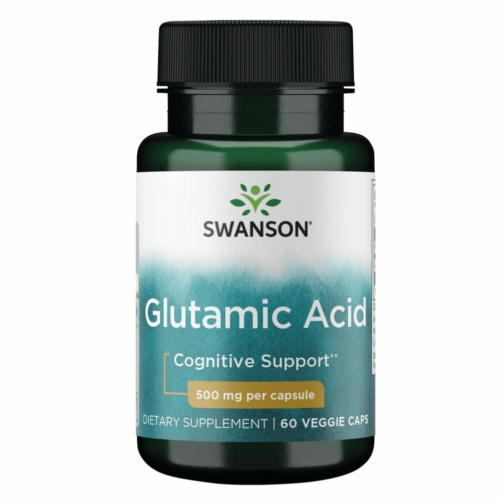 Swanson Glutamic Acid 500 mg bottle demonstrates a standard capsule supplement for cognitive support potential