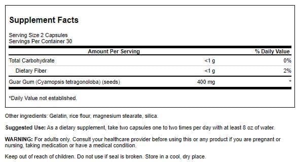 Back label of Swanson Full Spectrum Guar Gum 400 mg 60 Caps (2 Pack)