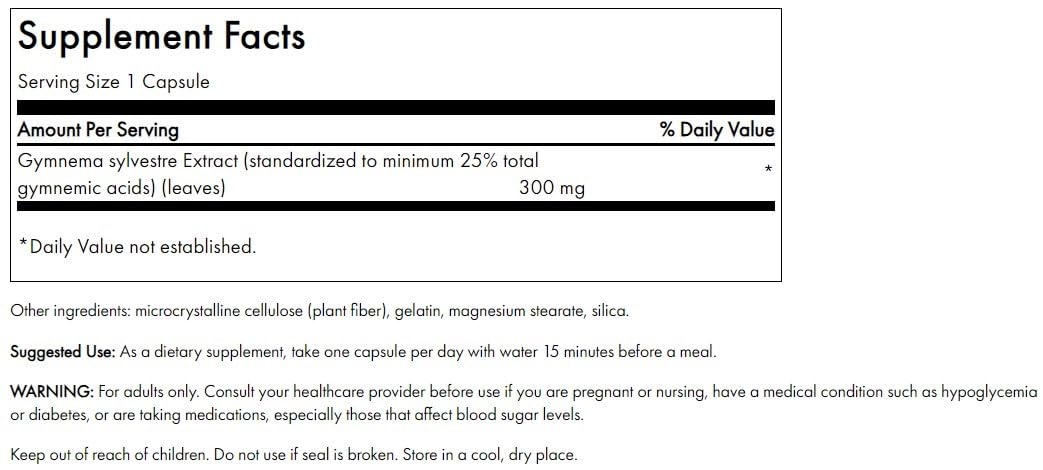 Swanson Gymnema Sylvestre Extract 300 mg bottle – label and capsules