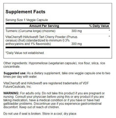 Close-up of Swanson Hiactives Tart Cherry & Turmeric 60 Veg Capsules bottle label