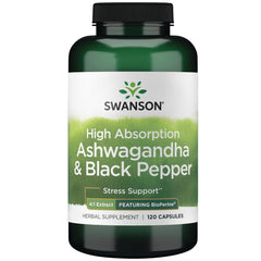 Swanson High Absorption Ashwagandha & Black Pepper bottle with Bioperine 120 caps