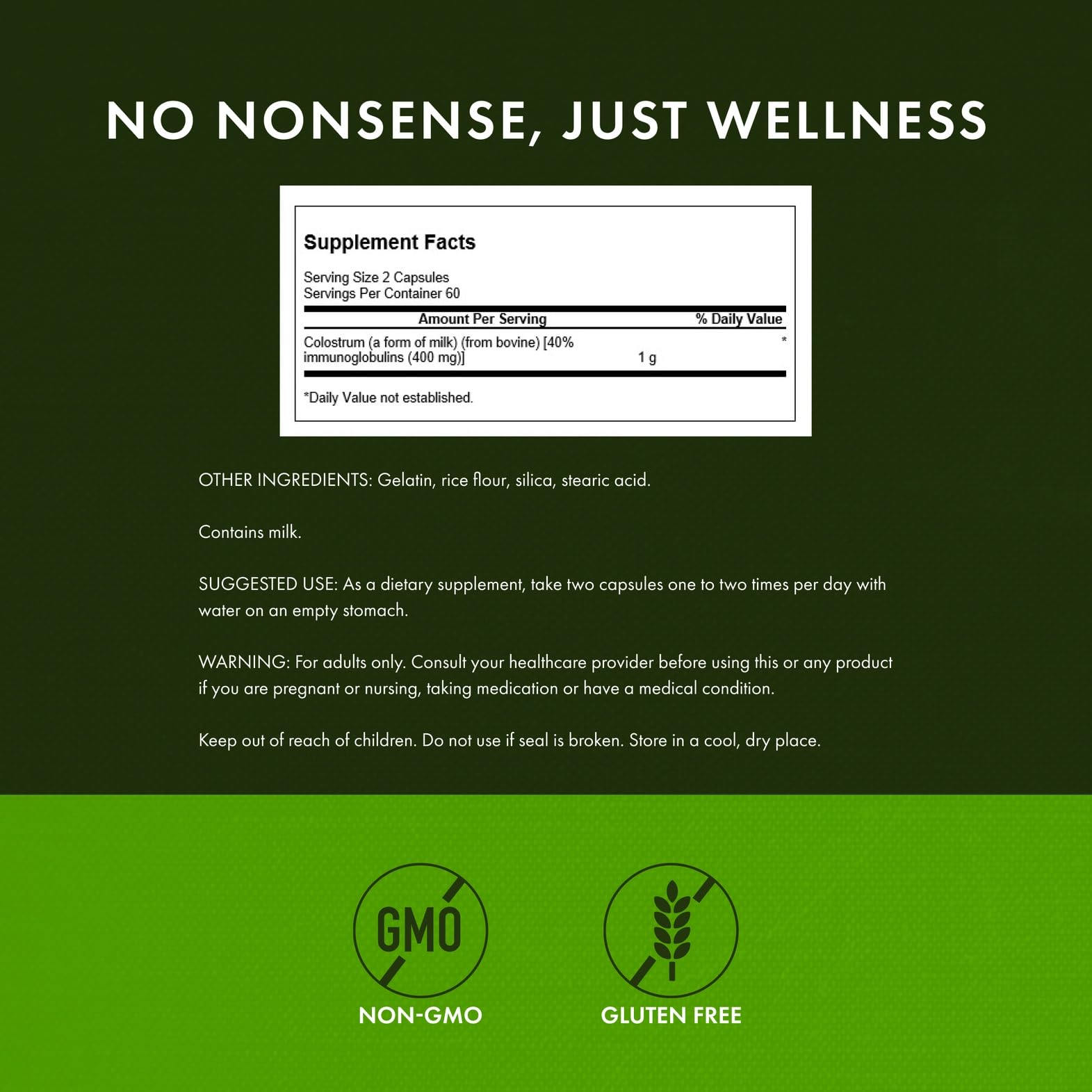 Close-up of Swanson High Ig Colostrum 500 mg label