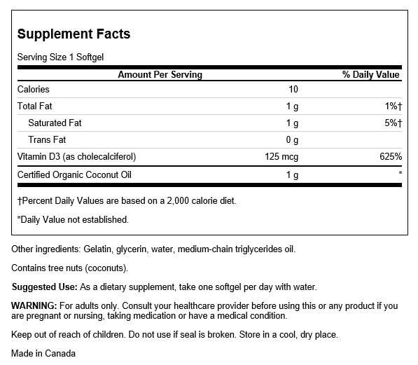 Close-up of Swanson Vitamin D-3 with Coconut softgels showing 125 mcg dose