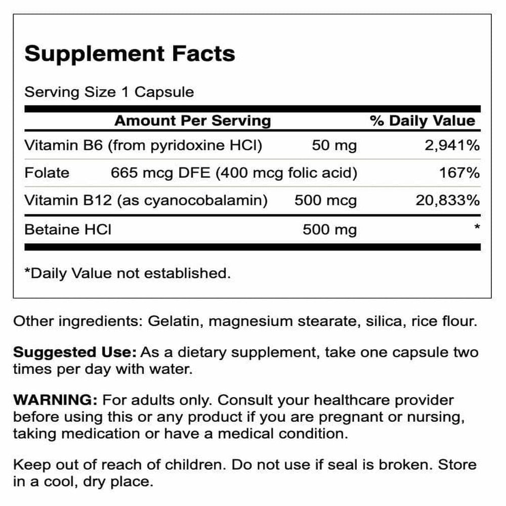 Back of Swanson Homocysteine Formula bottle with supplement facts