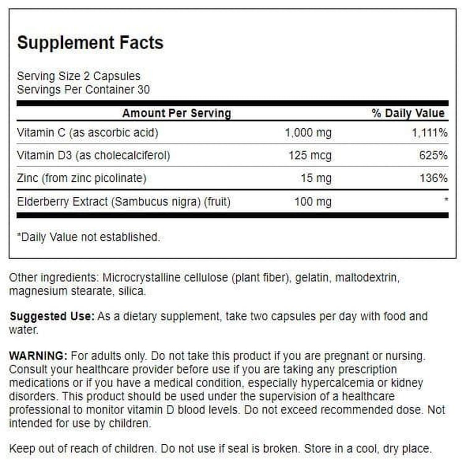 Close-up of product label featuring vitamins C, D, zinc and elderberry