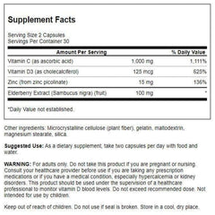 Close-up of product label featuring vitamins C, D, zinc and elderberry