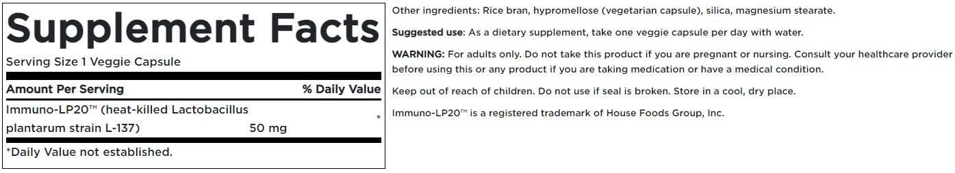 Bottle of Swanson Immunobiotic Immuno-Lp20 50 mg 30 vegetarian capsules with label